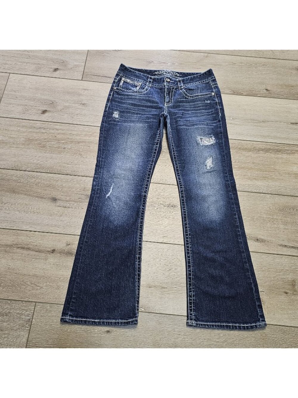 Maurices Bootcut Jeans Womens 11/12 Blue Dark Wash Low Rise Distressed 32x31